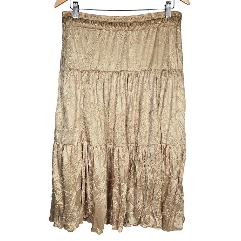AGB‎ Womens XL Tiered Midi Skirt Beige Sequins Waist USA Made Vintage
